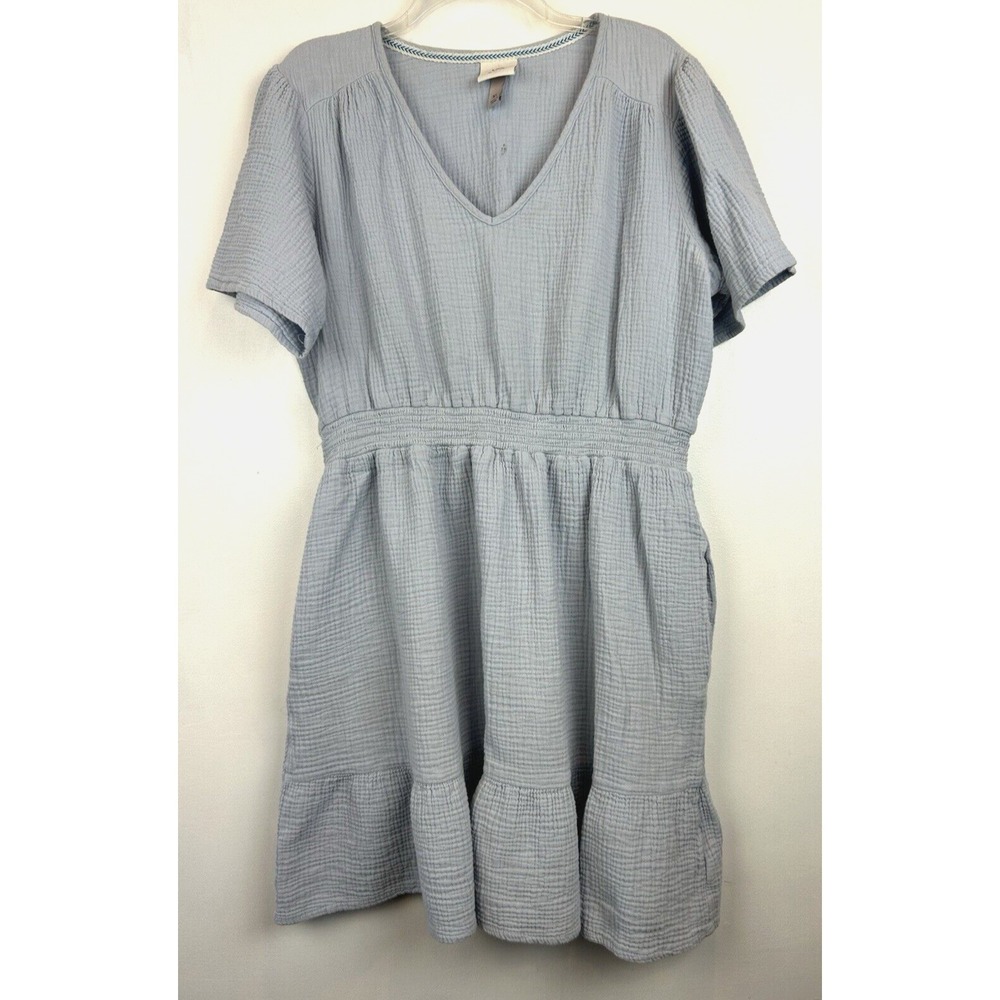 Knox Rose Mini Dress Womans XL Gauzy Blue Smocked Waist Pockets Casual Comfort